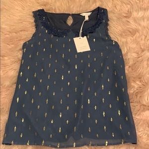 Navy Blue Sleeveless Blouse w/ Fringe Collar